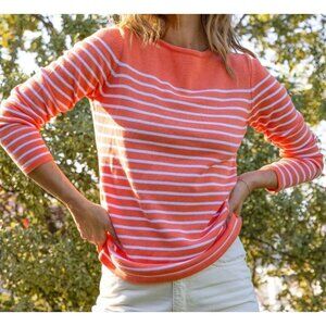 NWT Pura Cashmere Classic Breton Crew Coastal Peach/ White Stripe Sweater Size M